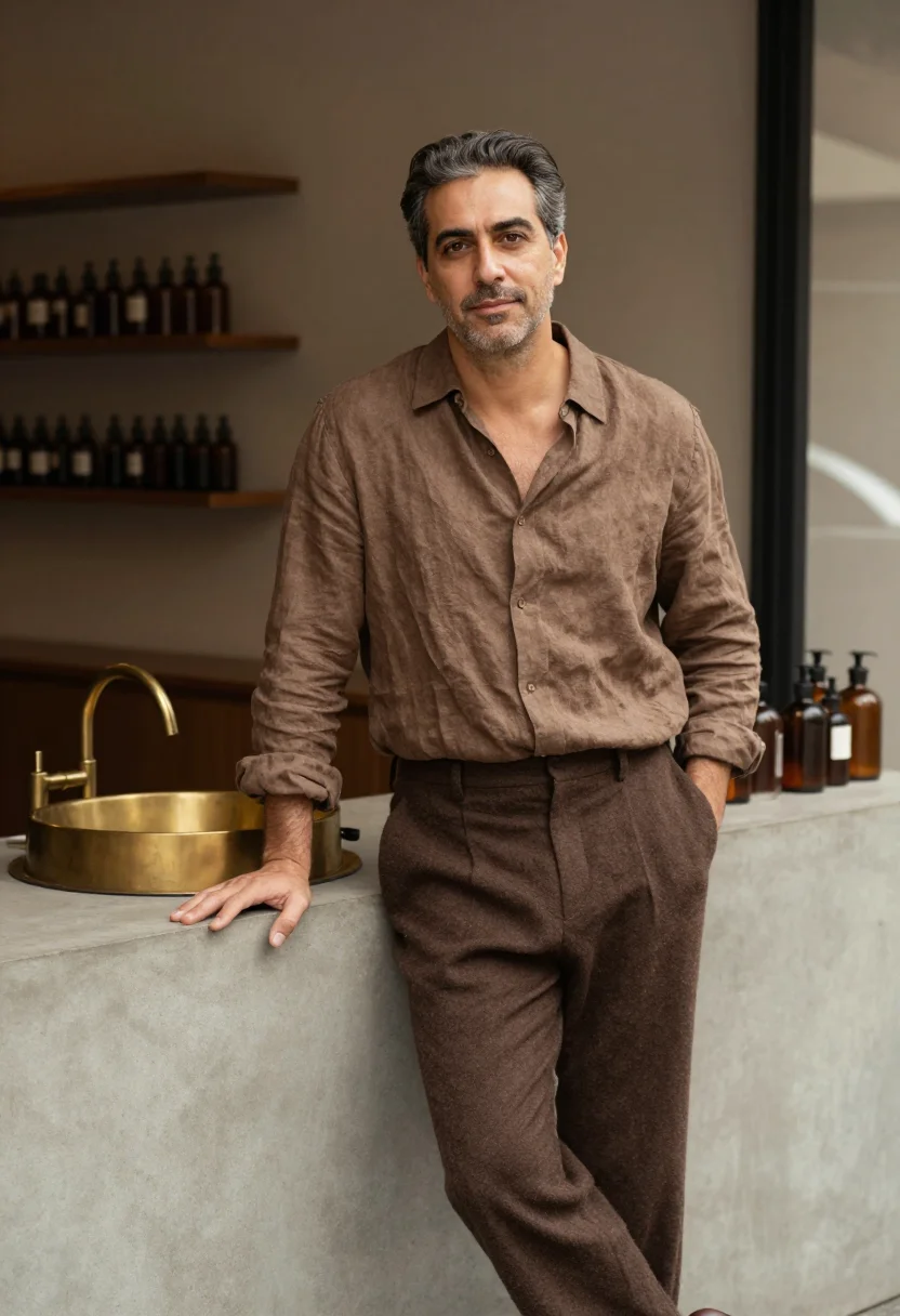 AI aesop melbourne fitzroy amber bottle brown men sample — portrait of a man, an Italian-Australian man in his early fo