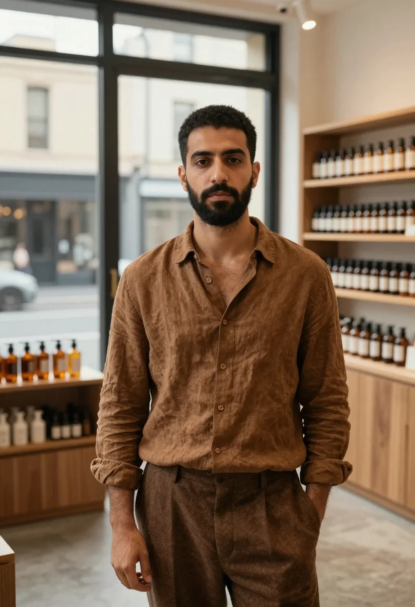 AI aesop melbourne fitzroy amber bottle brown men sample — portrait of a man, a Lebanese-Australian man in his late twe