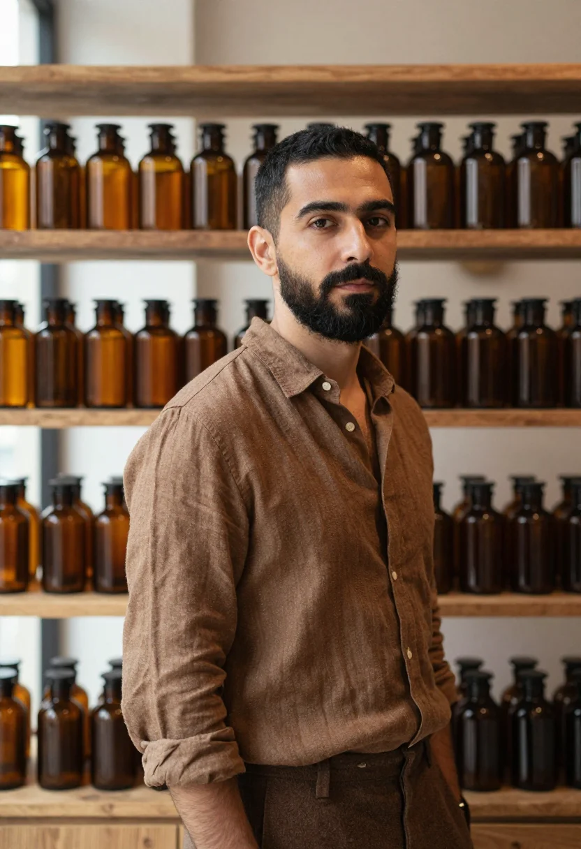 AI aesop melbourne fitzroy amber bottle brown men sample — portrait of a man, a Greek-Australian man in his late thirti