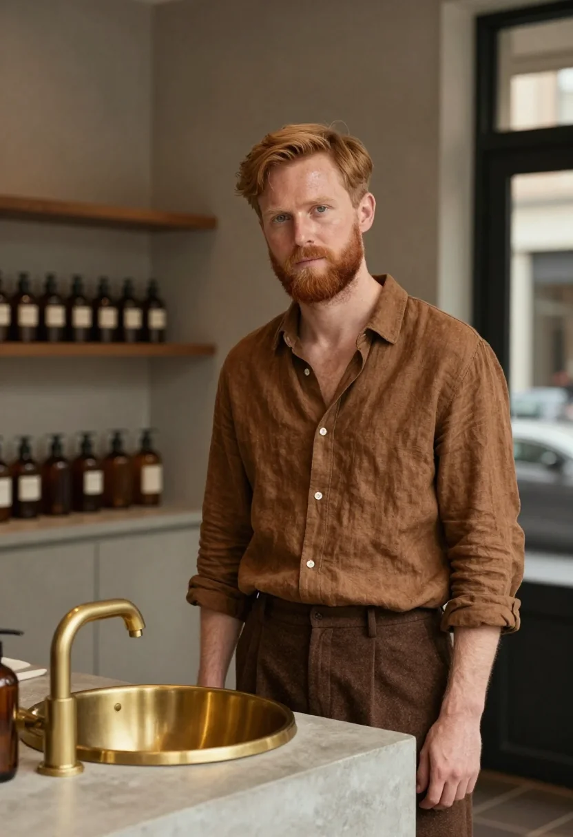 AI aesop melbourne fitzroy amber bottle brown men sample — portrait of a man, an Irish-Australian man in his mid-thirti