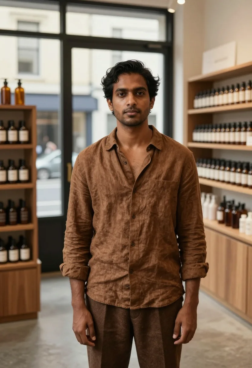 AI aesop melbourne fitzroy amber bottle brown men sample — portrait of a man, an Indian-Australian man in his early thi