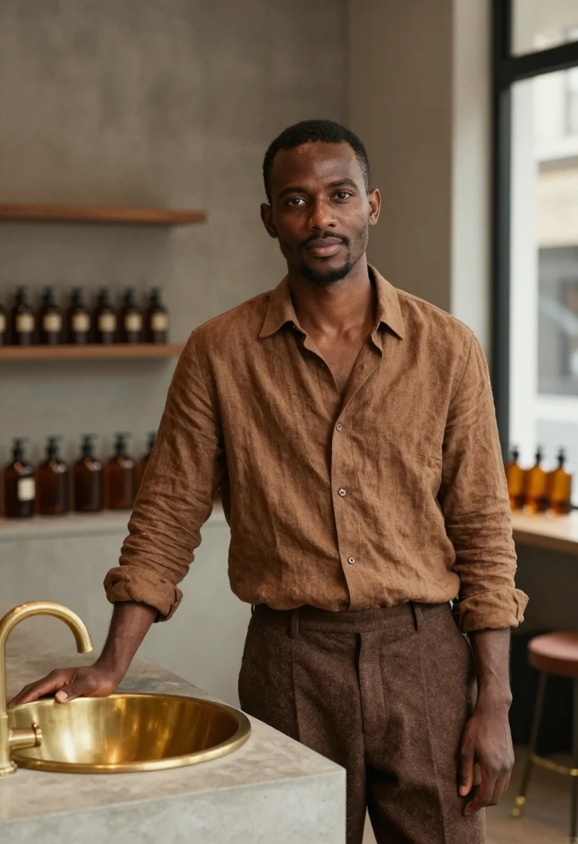 AI aesop melbourne fitzroy amber bottle brown men sample — portrait of a man, a Sudanese-Australian man in his early th
