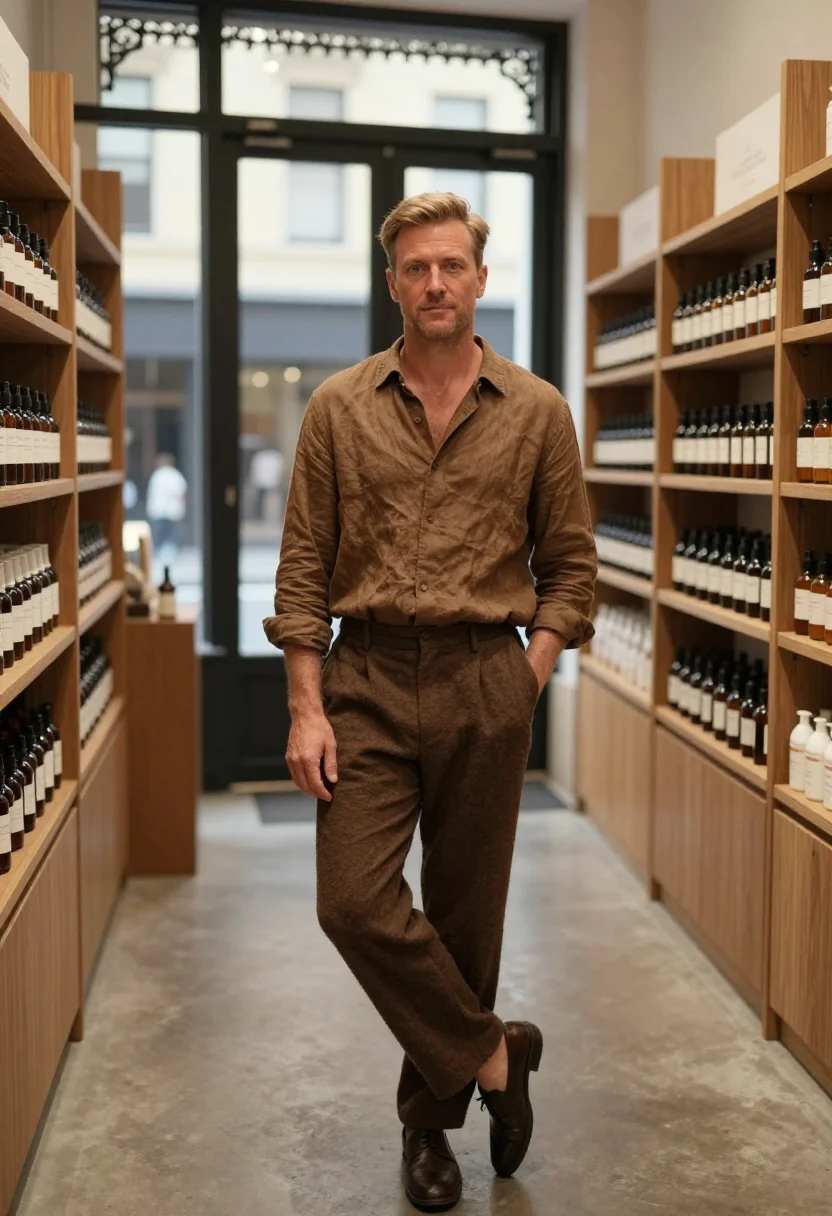 AI aesop melbourne fitzroy amber bottle brown men sample — portrait of a man, a Dutch-Australian man in his mid-forties