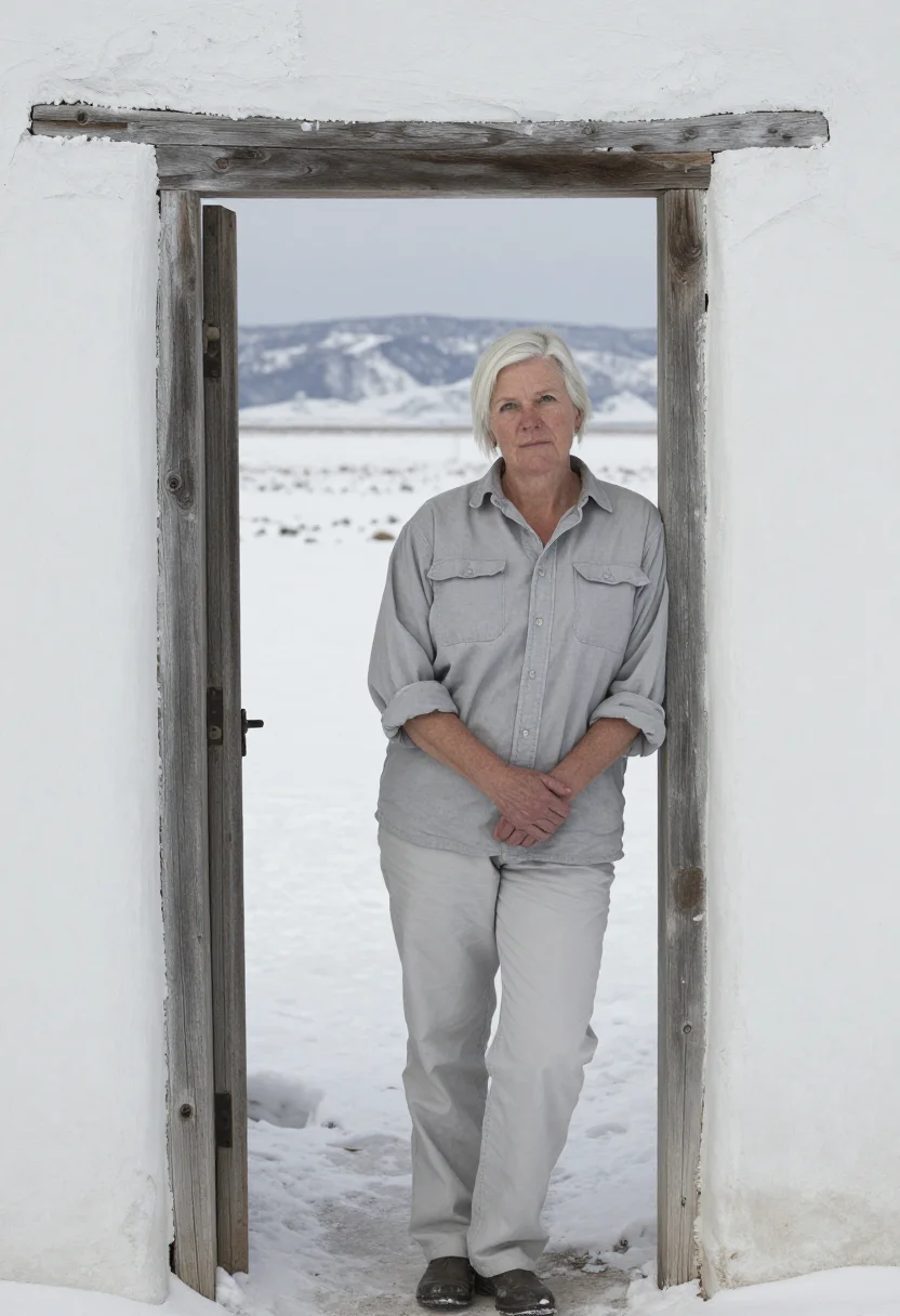 AI agnes martin taos january pale grey sample — portrait of a woman, framed full length from the head to the