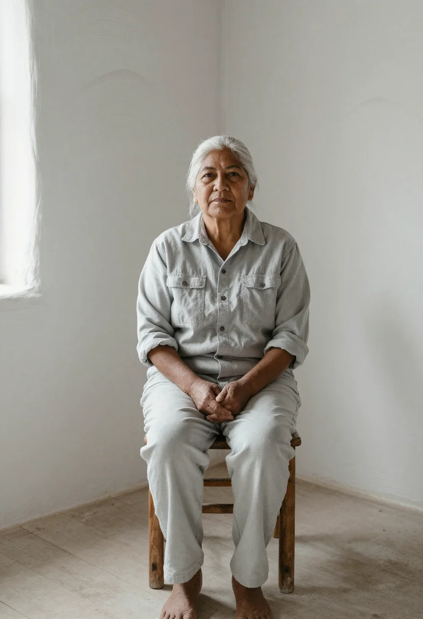 AI agnes martin taos january pale grey sample — portrait of a woman, framed three-quarter length from the he
