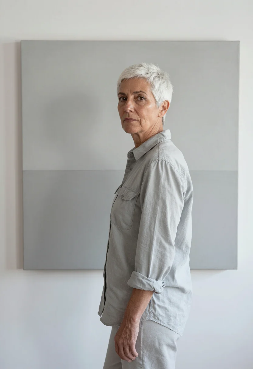 AI agnes martin taos january pale grey sample — portrait of a woman, framed chest-up, cropped at the ribs, t