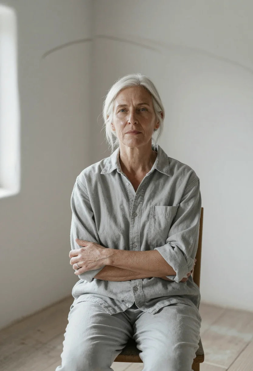 AI agnes martin taos january pale grey sample — portrait of a woman, framed chest-up, cropped at the ribs, t