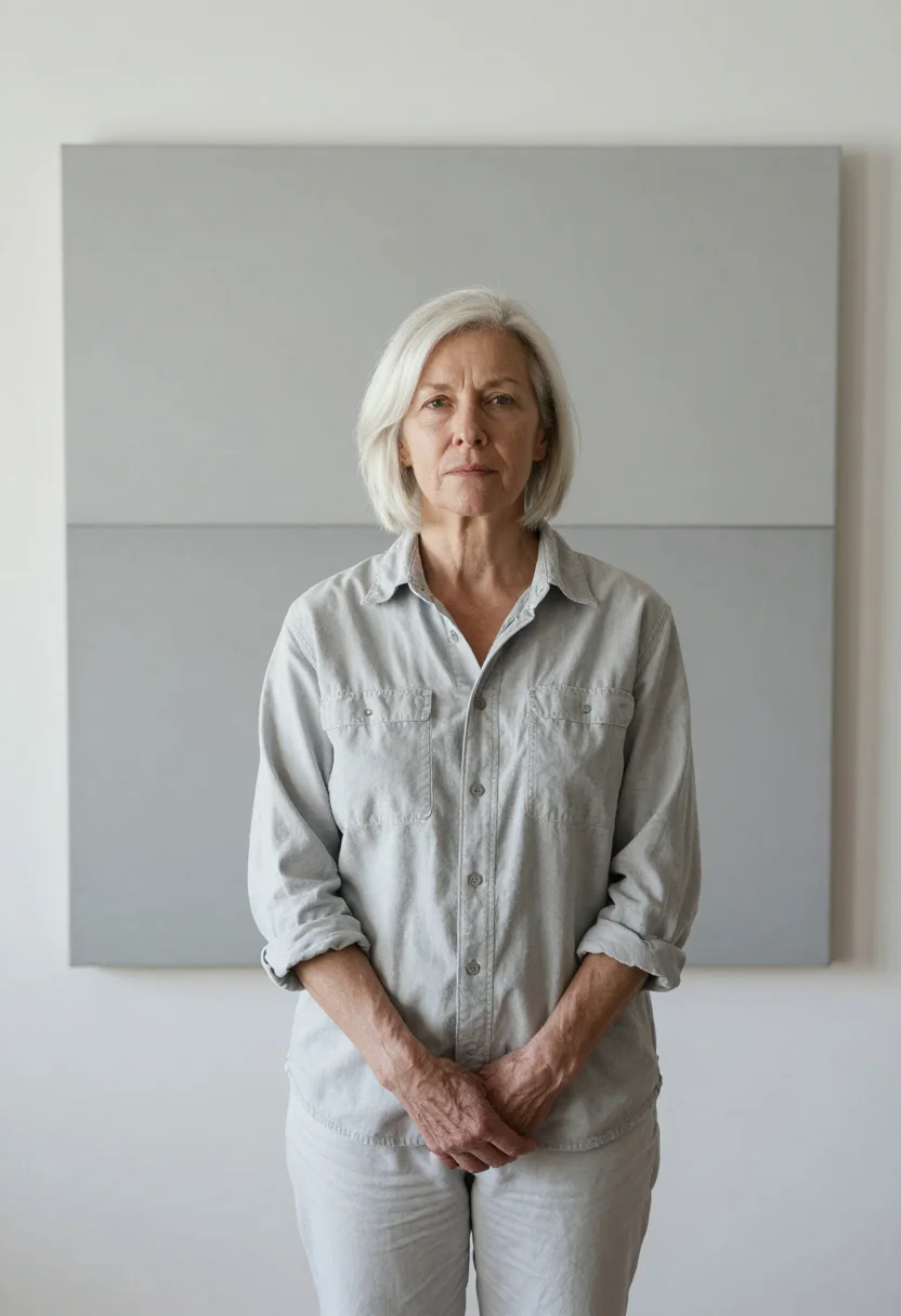 AI agnes martin taos january pale grey sample — portrait of a woman, framed half-length from the head to the