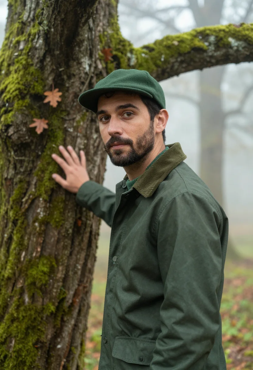 AI aigle sologne forest green sample — portrait of a man, framed chest-up, cropped at the ribs, the