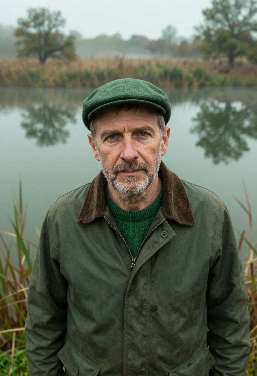 AI aigle sologne forest green sample — portrait of a man, framed tight, head and shoulders, the bod