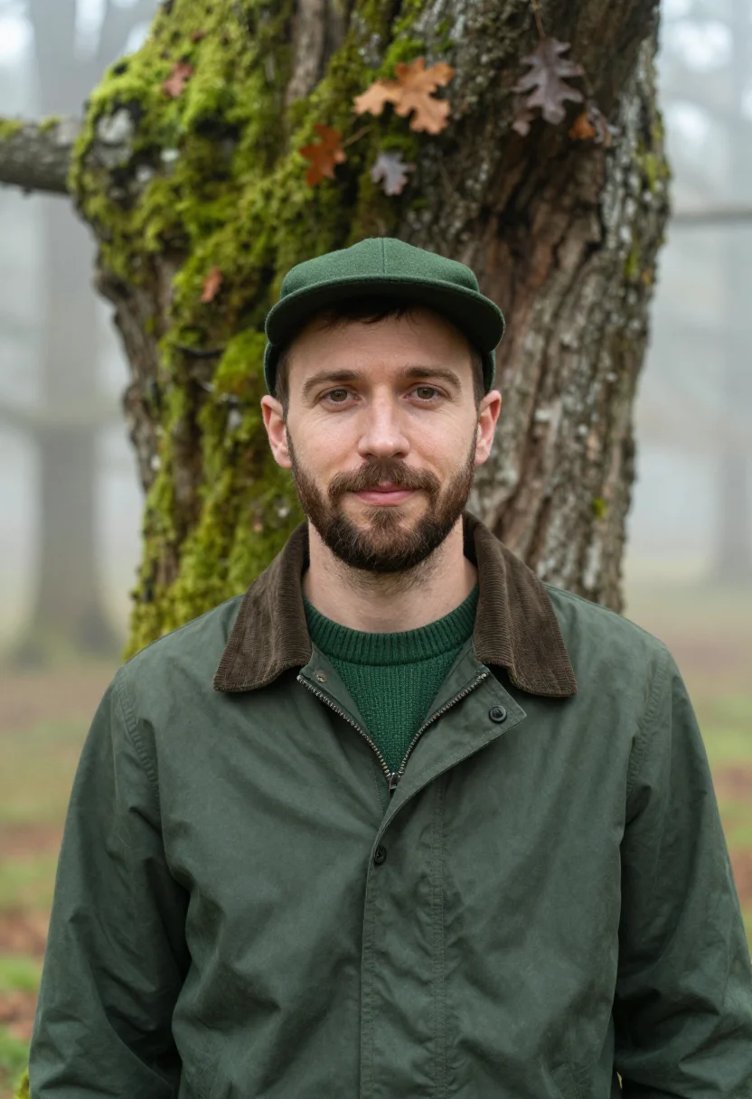 AI aigle sologne forest green sample — portrait of a man, framed tight, head and shoulders, the bod