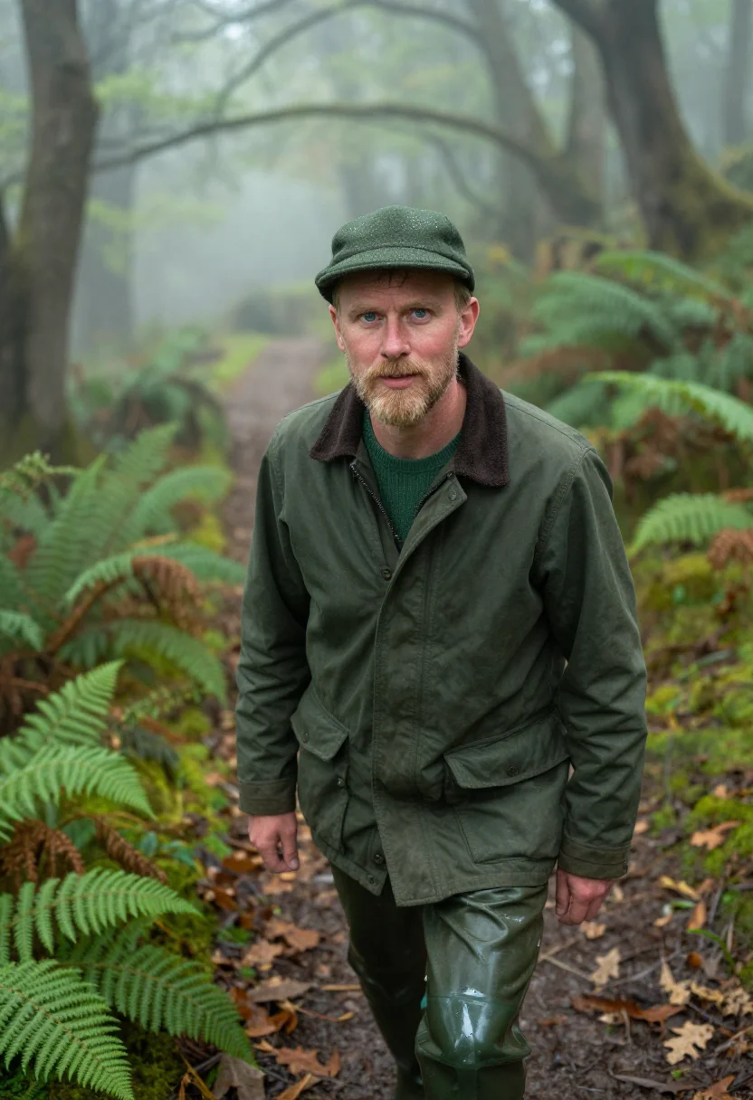 AI aigle sologne forest green sample — portrait of a man, framed tight, head and shoulders, the bod