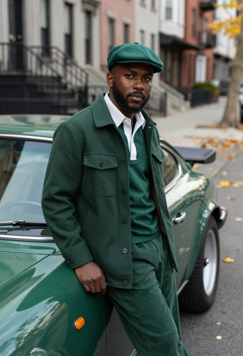 AI aime leon dore mulberry street rugby forest green men sample — portrait of a man, a Black American man from the Bronx in hi