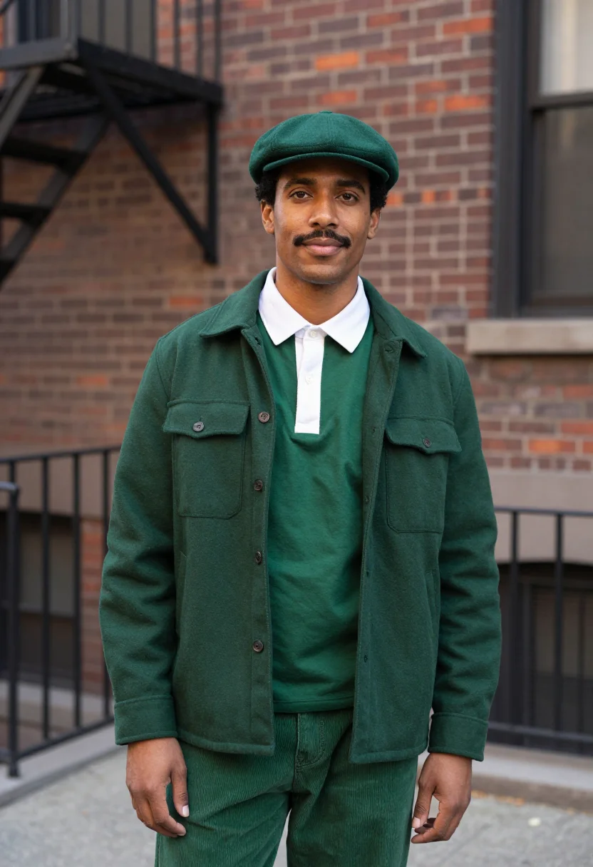AI aime leon dore mulberry street rugby forest green men sample — portrait of a man, a Puerto Rican New Yorker in his early th
