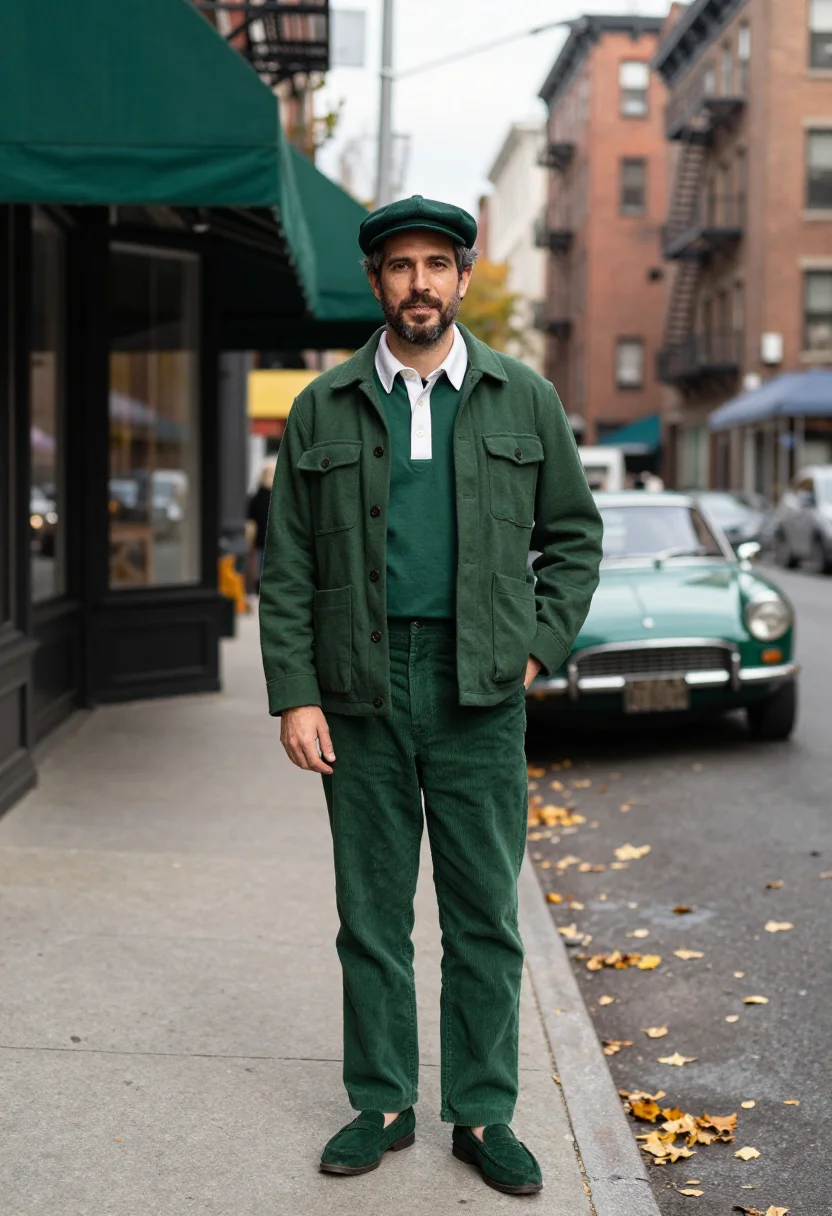 AI aime leon dore mulberry street rugby forest green men sample — portrait of a man, an Ashkenazi Jewish New Yorker in his ear