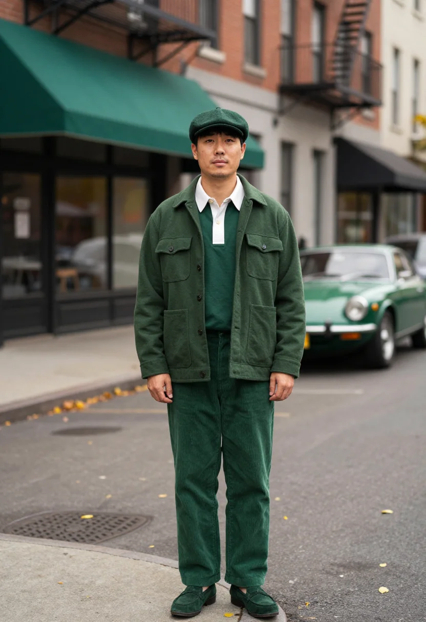 AI aime leon dore mulberry street rugby forest green men sample — portrait of a man, a Korean-American man from Flushing in hi