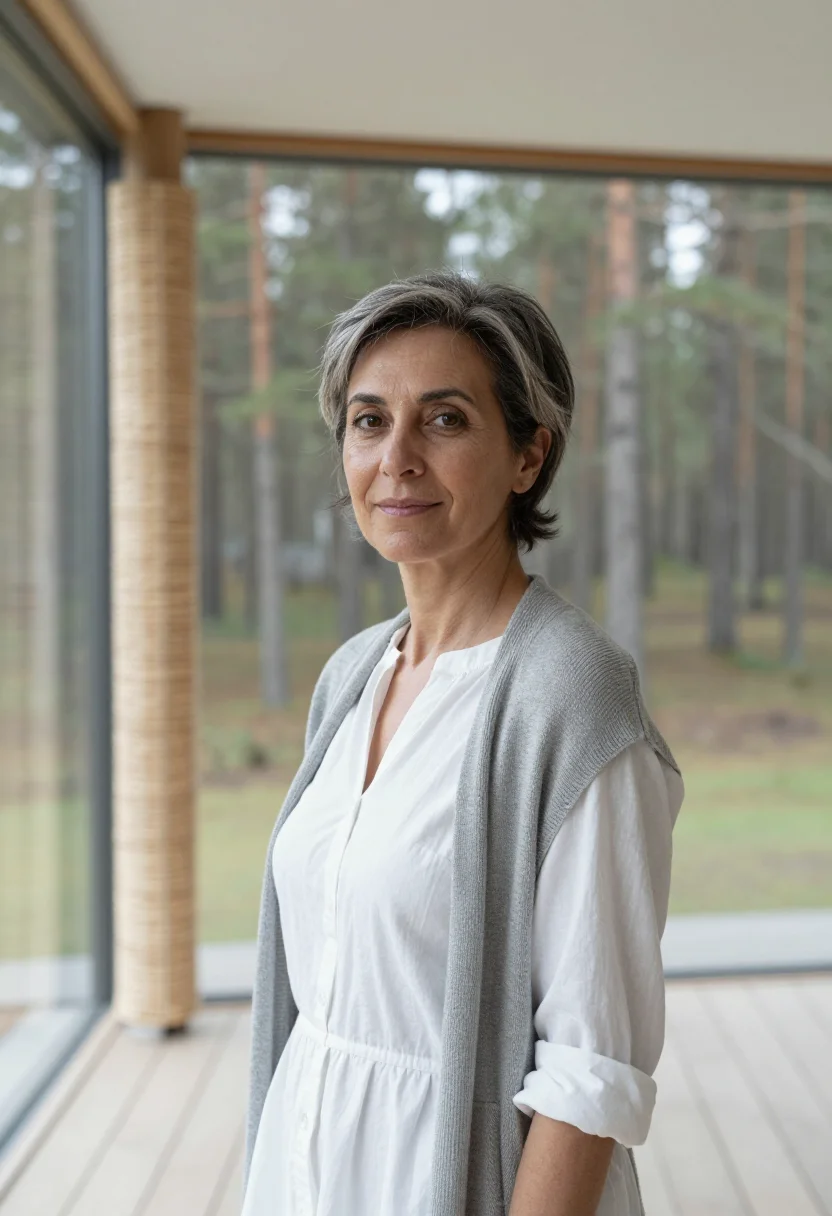 AI aino aalto villa mairea may birch white sample — portrait of a woman, a Spanish architect in her mid-fifties