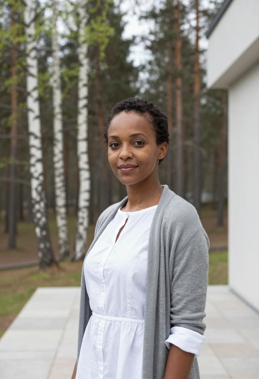 AI aino aalto villa mairea may birch white sample — portrait of a woman, an Ethiopian-Finnish architect in her l