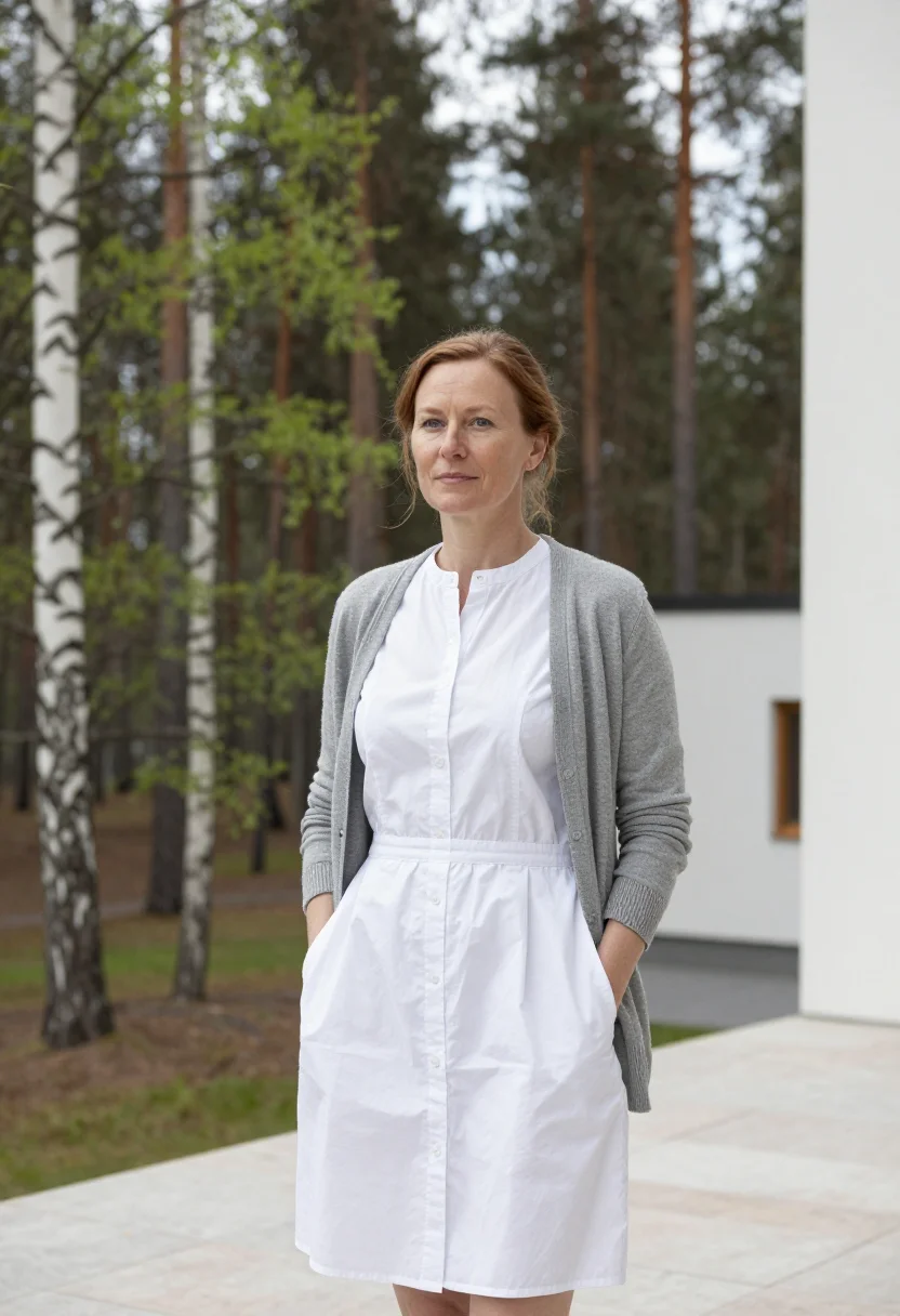 AI aino aalto villa mairea may birch white sample — portrait of a woman, a Scottish architect in her late fortie