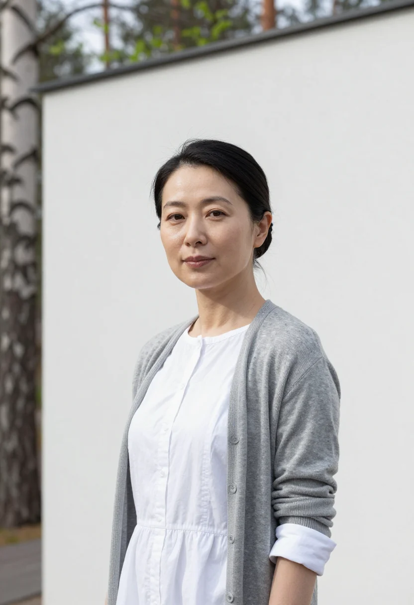 AI aino aalto villa mairea may birch white sample — portrait of a woman, a Japanese architect in her late thirti