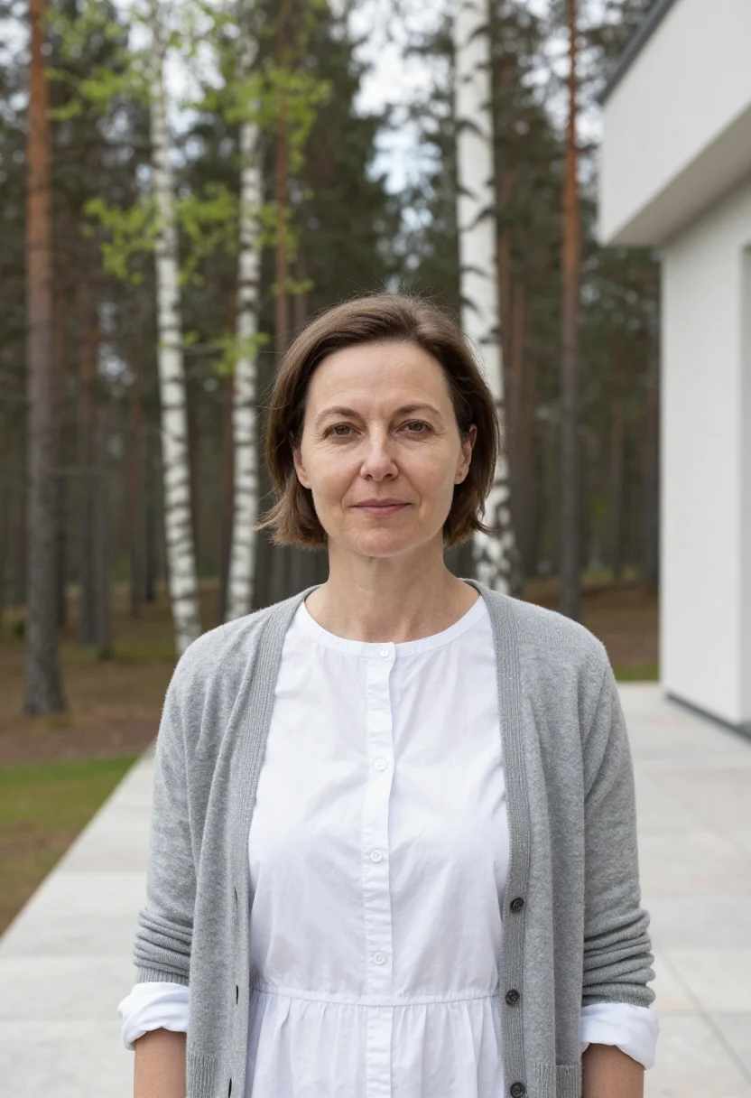 AI aino aalto villa mairea may birch white sample — portrait of a woman, a German architect in her early fifties