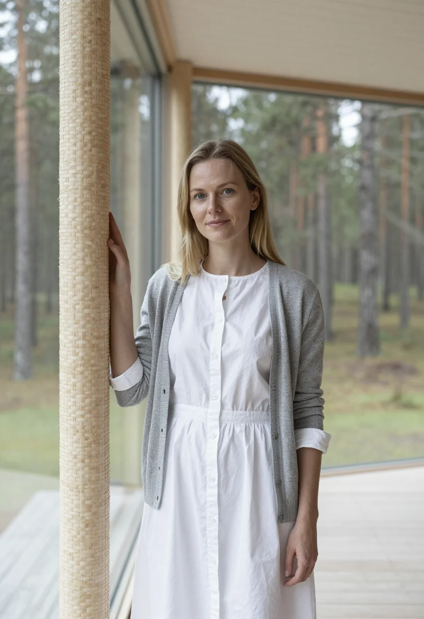 AI aino aalto villa mairea may birch white sample — portrait of a woman, a Norwegian architect in her mid-thirti