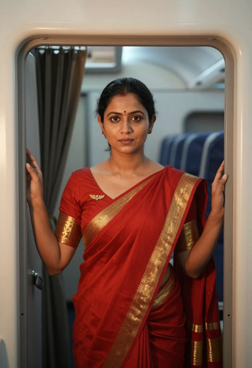 AI air india saree sample — portrait of a woman, chest-up portrait of a South-Asian woma