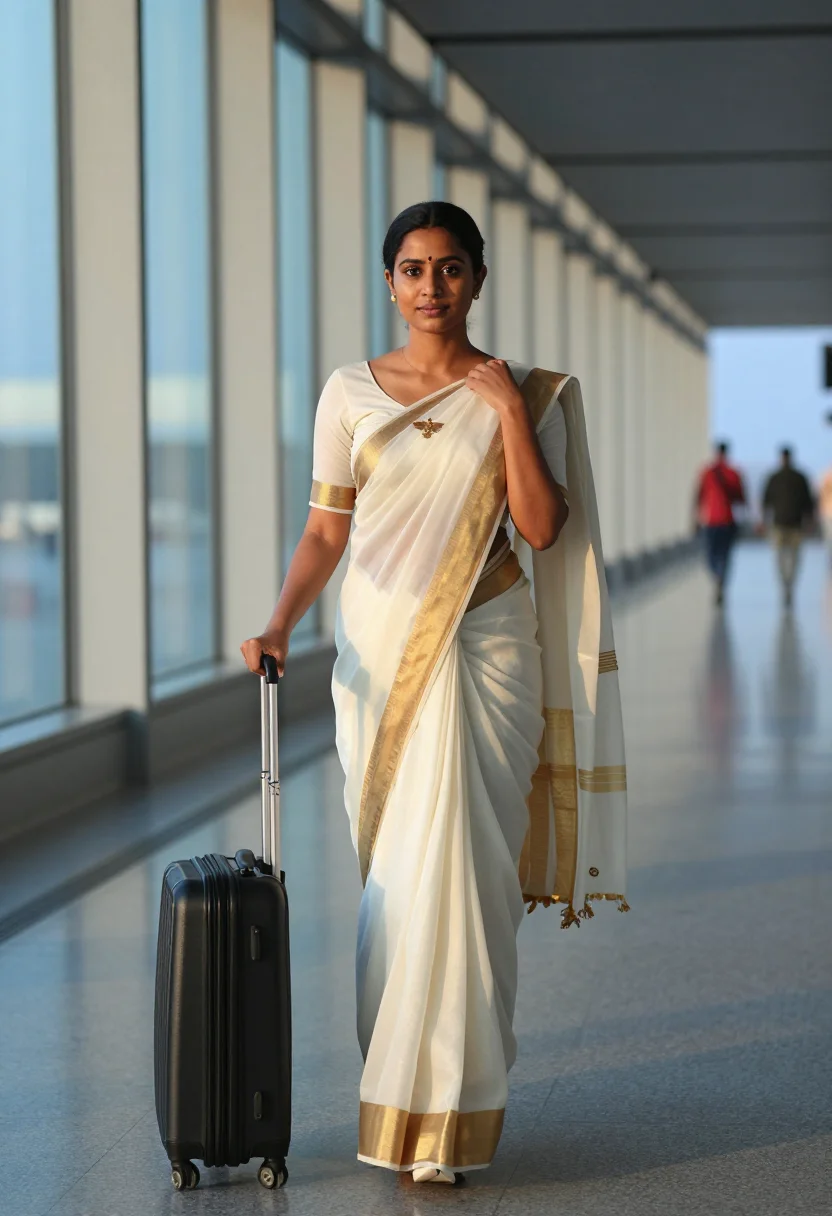 AI air india saree sample — portrait of a woman, knees-up portrait of a South-Asian woma