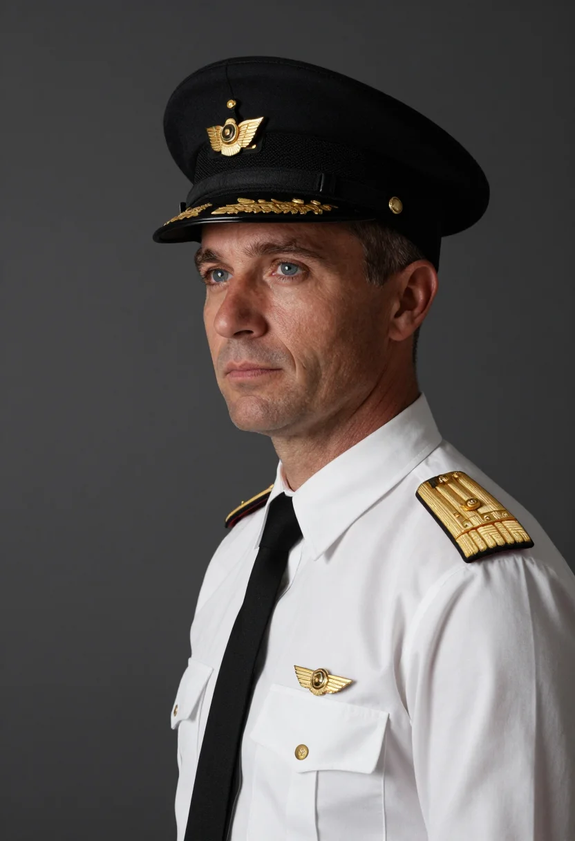 AI airline captain sample — portrait of a man, chest-up portrait of a Western-European m