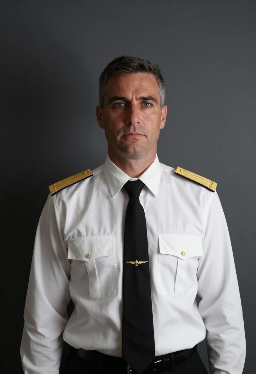 AI airline captain sample — portrait of a man, waist-up portrait of a Western-European m