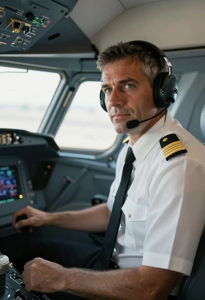 AI airline captain sample — portrait of a man, waist-up three-quarter portrait of a West