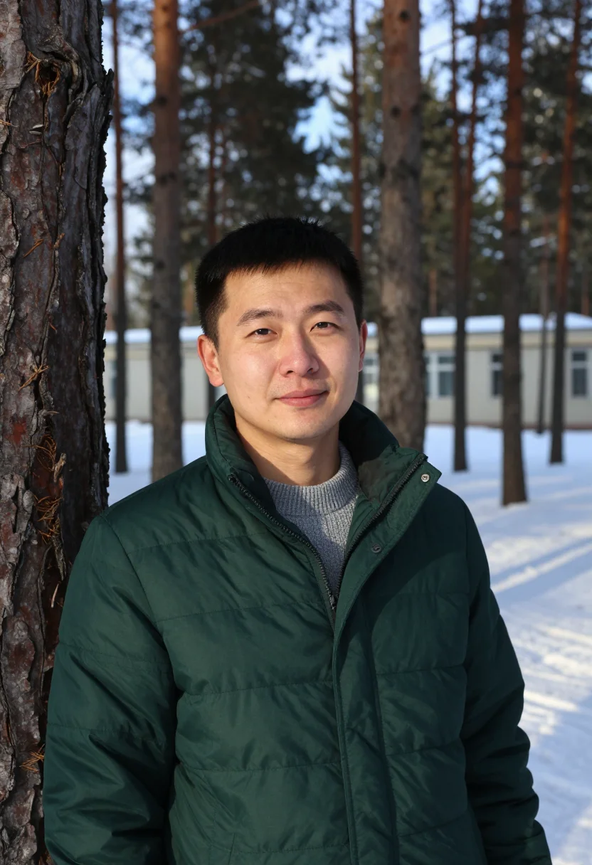 AI akademgorodok physicist pine snow sample — portrait of a man, chest-up portrait of a Central-Asian man