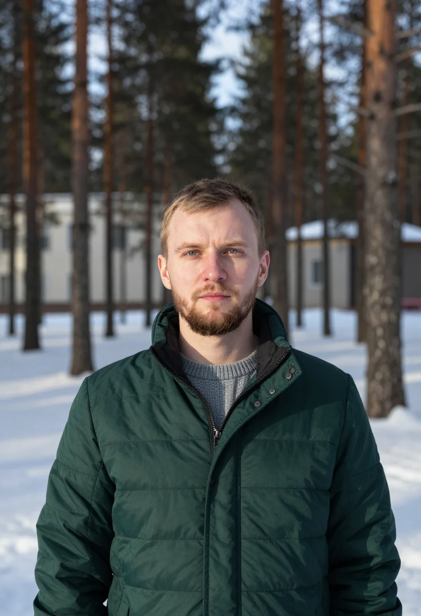AI akademgorodok physicist pine snow sample — portrait of a man, head-and-shoulders portrait of a Slavic E