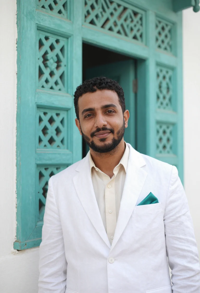 AI al balad architect coral white teal sample — portrait of a man, head-and-shoulders portrait of a Yemeni m