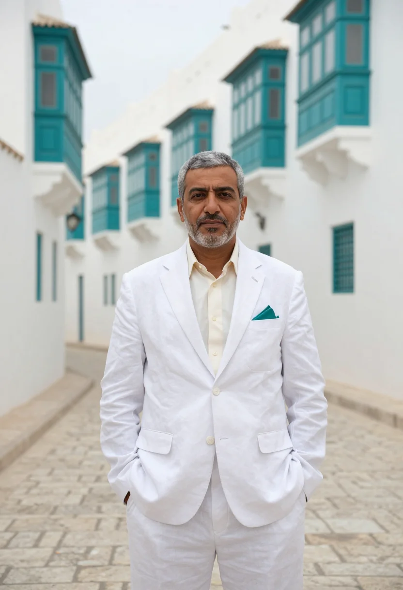 AI al balad architect coral white teal sample — portrait of a man, half-length portrait of a Saudi man in hi