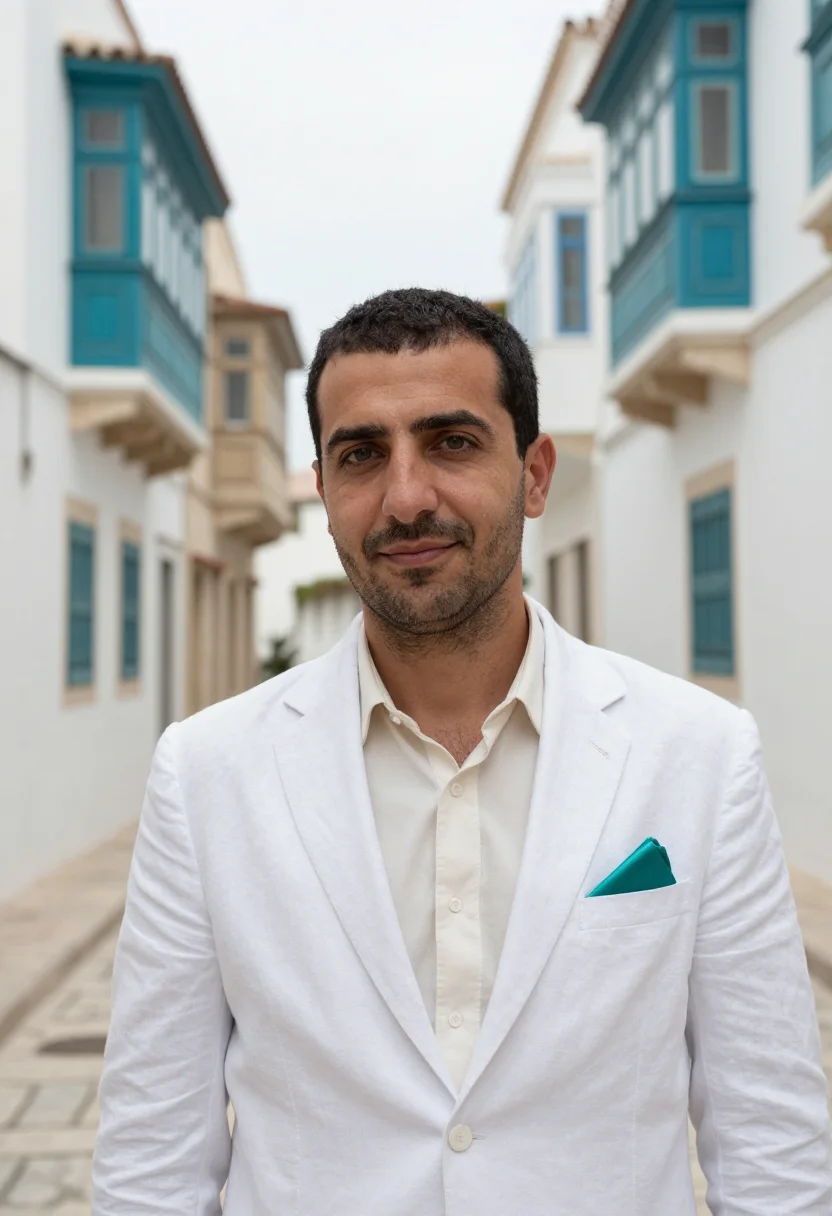 AI al balad architect coral white teal sample — portrait of a man, chest-up portrait of a Turkish man in his