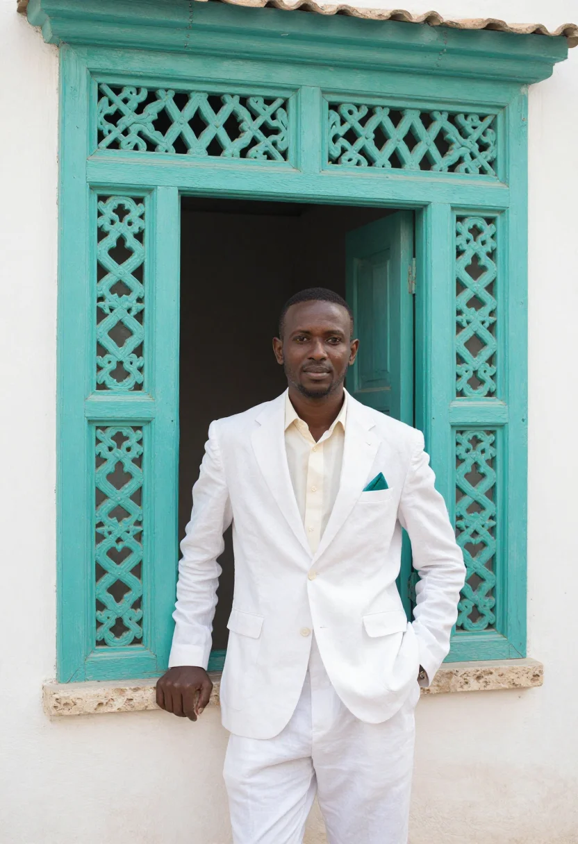 AI al balad architect coral white teal sample — portrait of a man, half-length portrait of a Sudanese man in