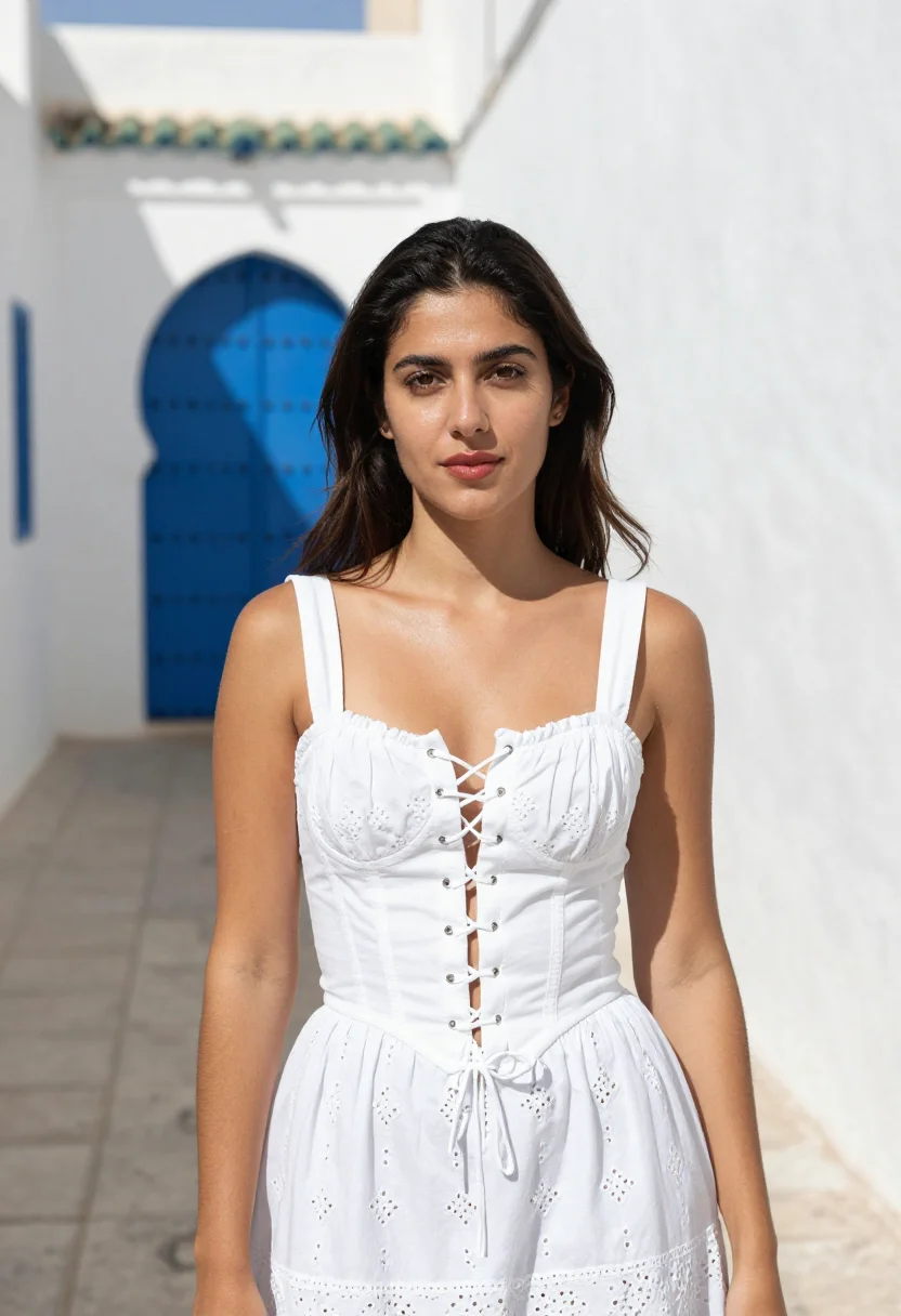 AI alaia tunis medina white cotton corset sample — portrait of a woman, a Spanish woman in her late twenties wi