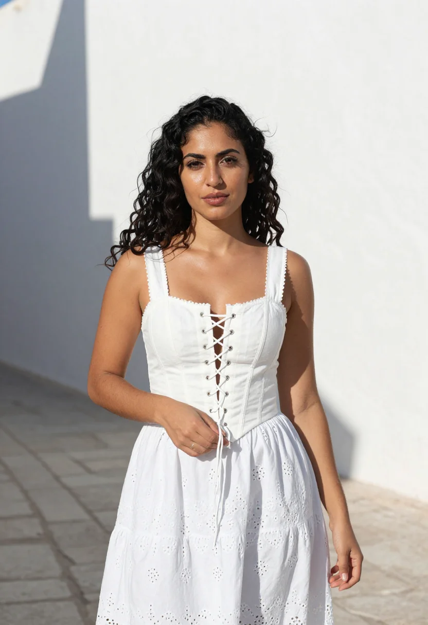 AI alaia tunis medina white cotton corset sample — portrait of a woman, an Algerian-French woman in her mid-thi
