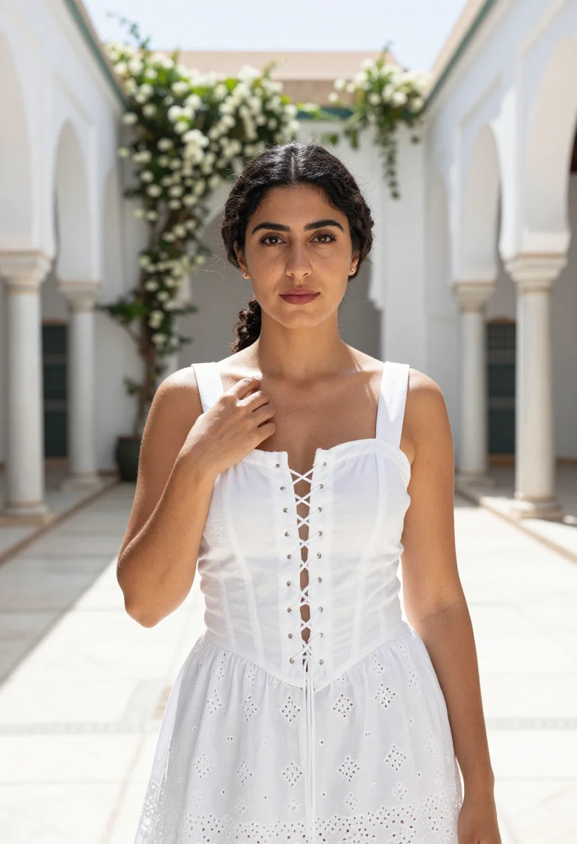 AI alaia tunis medina white cotton corset sample — portrait of a woman, a Tunisian woman in her early forties w