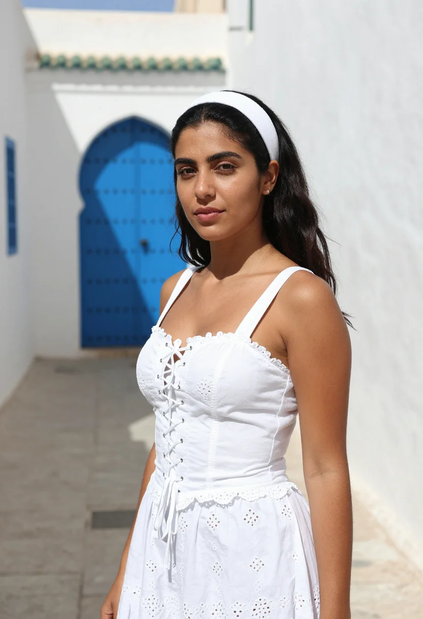 AI alaia tunis medina white cotton corset sample — portrait of a woman, a Moroccan woman in her mid-thirties wi