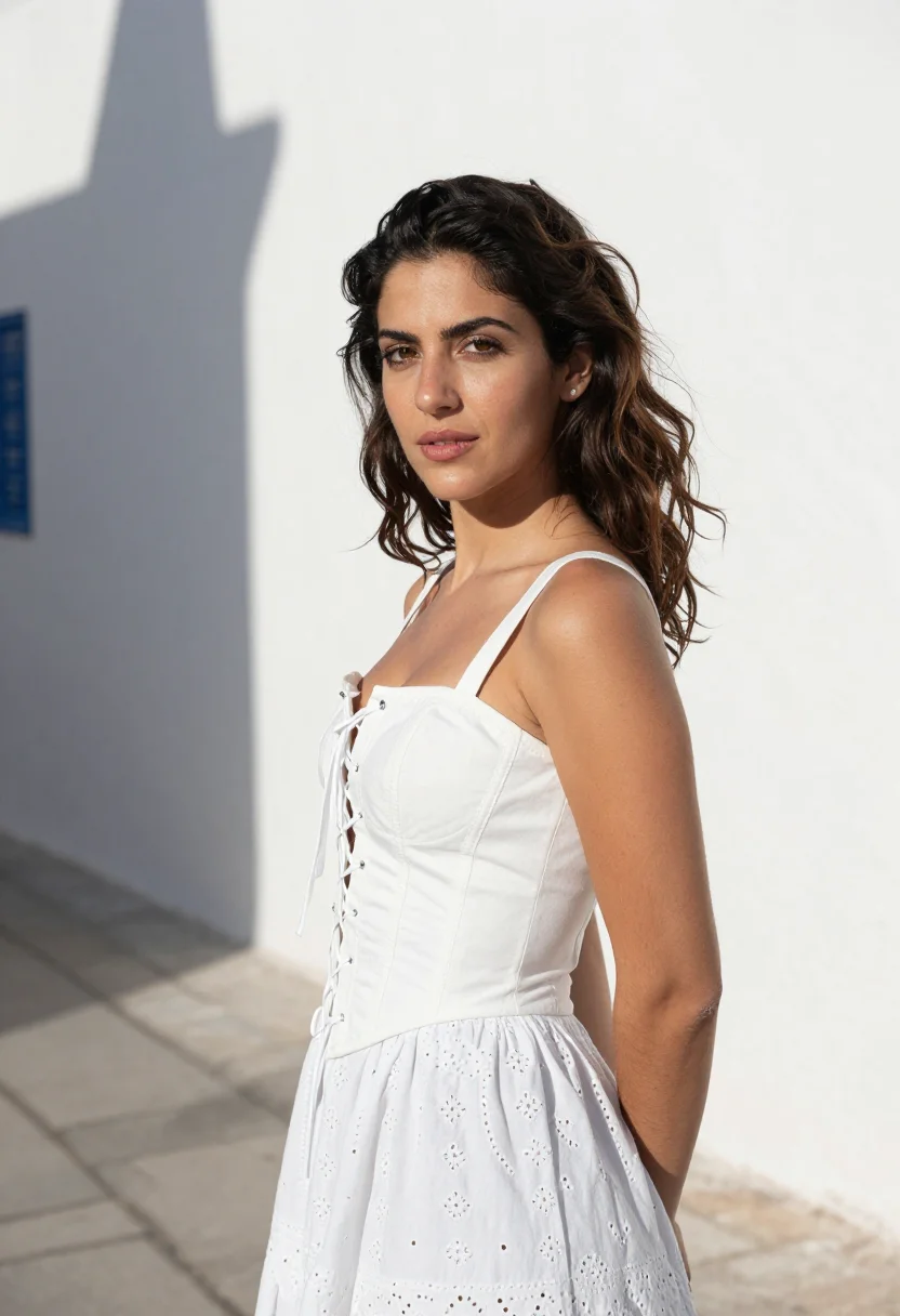 AI alaia tunis medina white cotton corset sample — portrait of a woman, a Maltese woman in her early thirties w