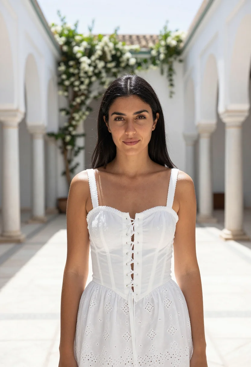 AI alaia tunis medina white cotton corset sample — portrait of a woman, a Sicilian woman in her early thirties