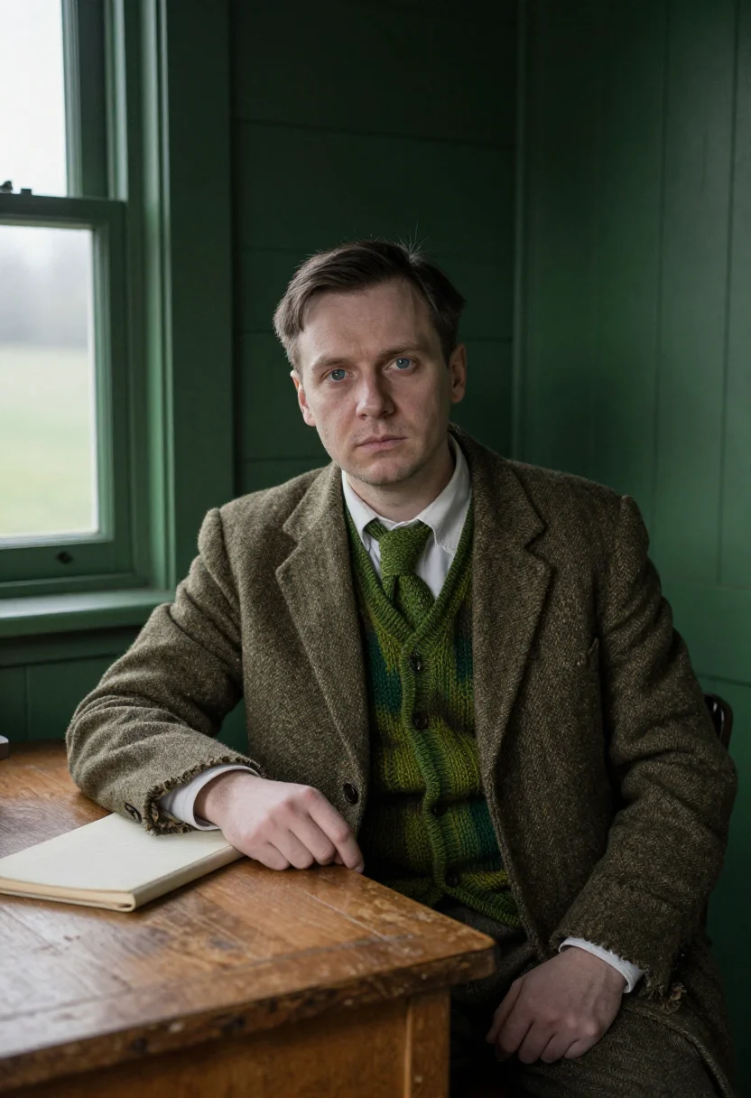 AI alan turing bletchley hut green sample — portrait of a man, framed half-length from the head to the h
