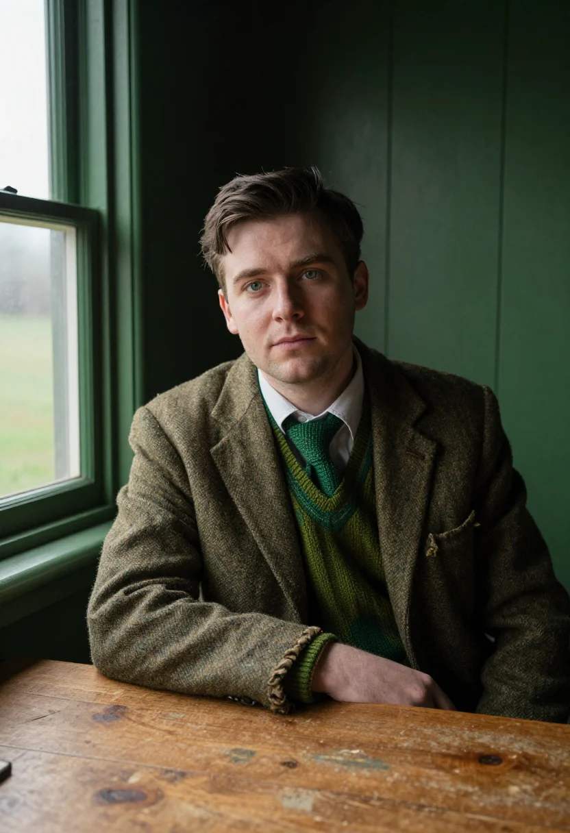 AI alan turing bletchley hut green sample — portrait of a man, framed chest-up, cropped at the ribs, the