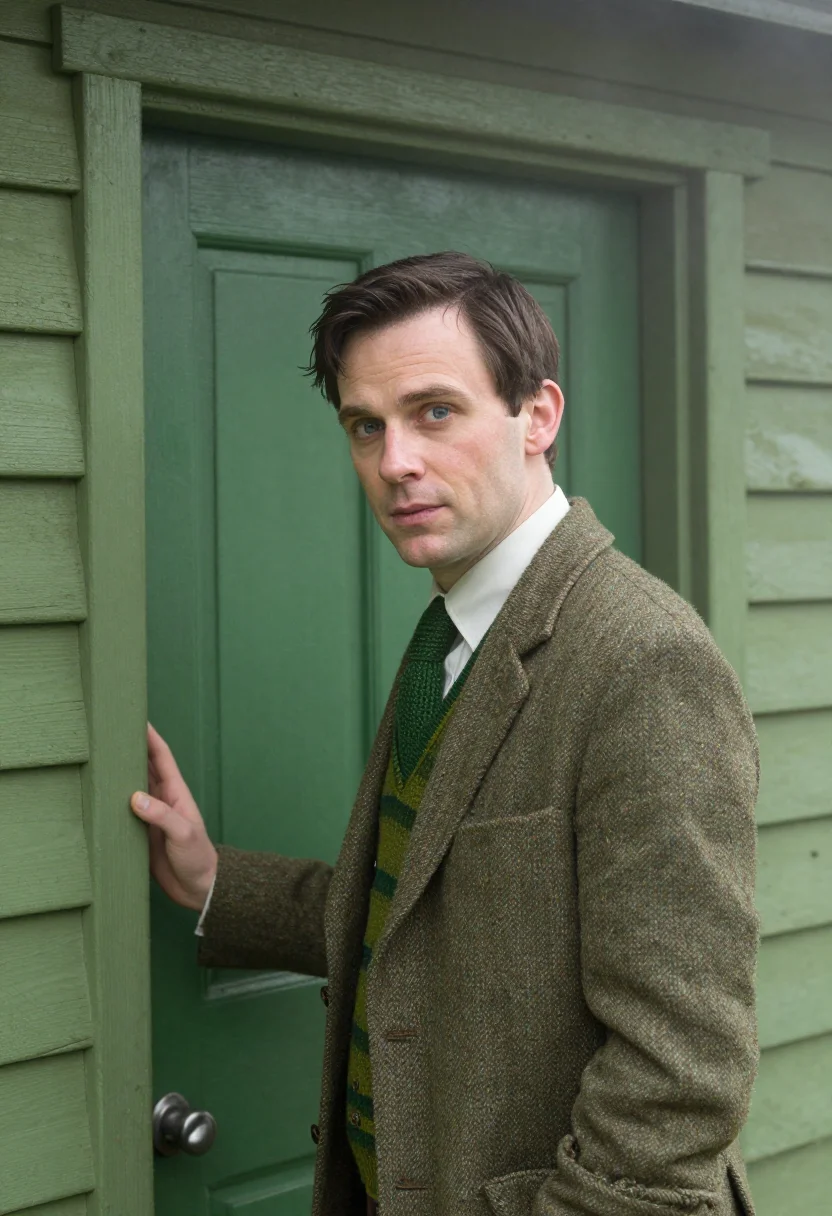 AI alan turing bletchley hut green sample — portrait of a man, framed chest-up, cropped at the ribs, the