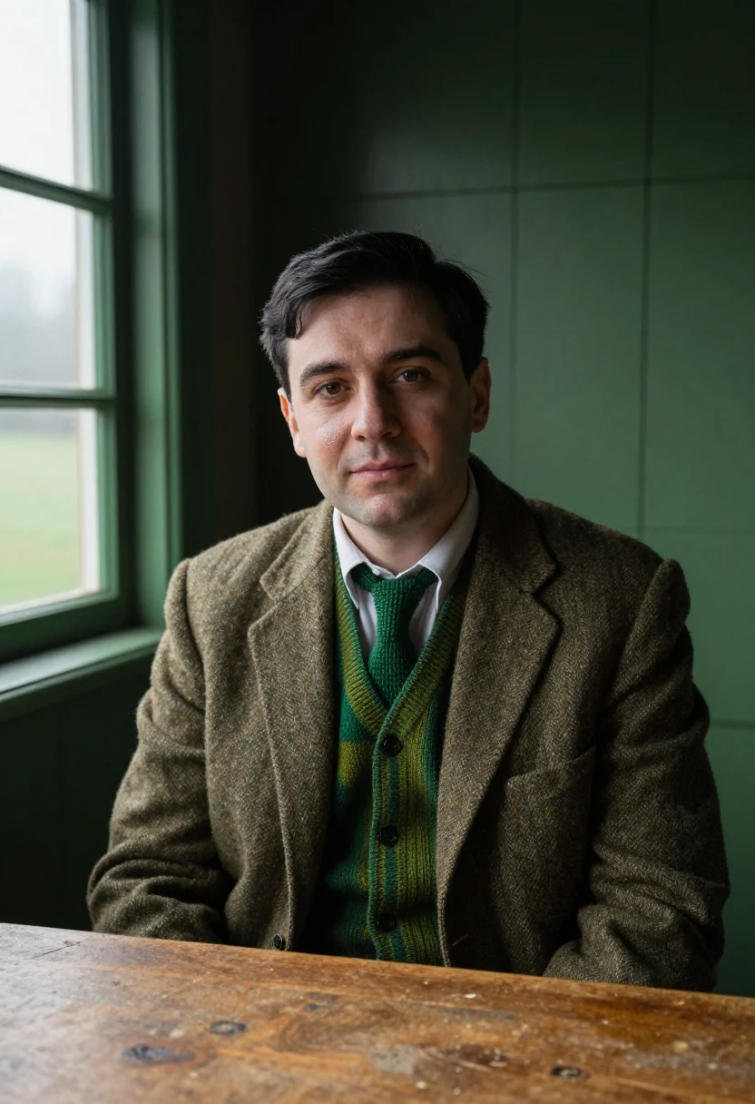 AI alan turing bletchley hut green sample — portrait of a man, framed tight, head and shoulders, the bod
