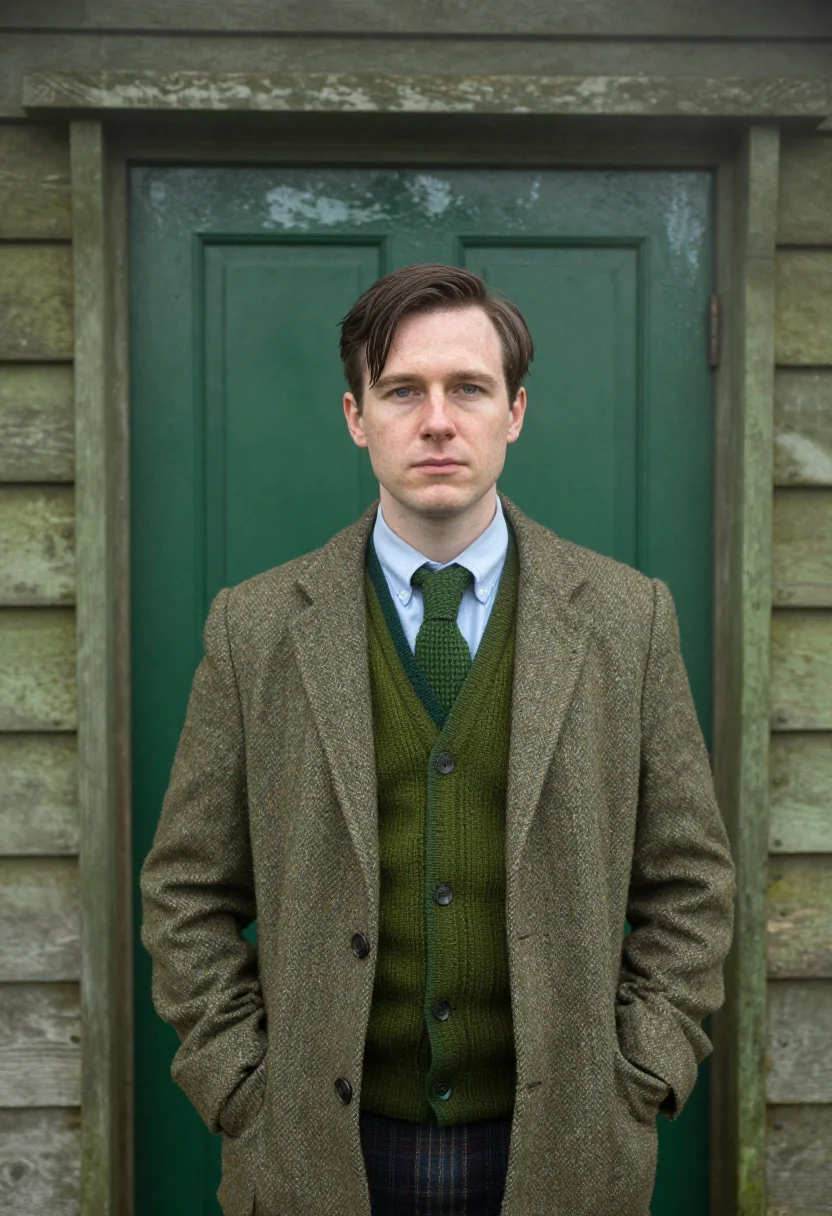 AI alan turing bletchley hut green sample — portrait of a man, framed half-length from the head to the h