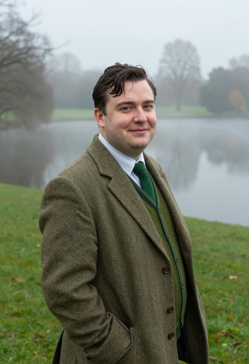 AI alan turing bletchley hut green sample — portrait of a man, framed chest-up, cropped at the ribs, the