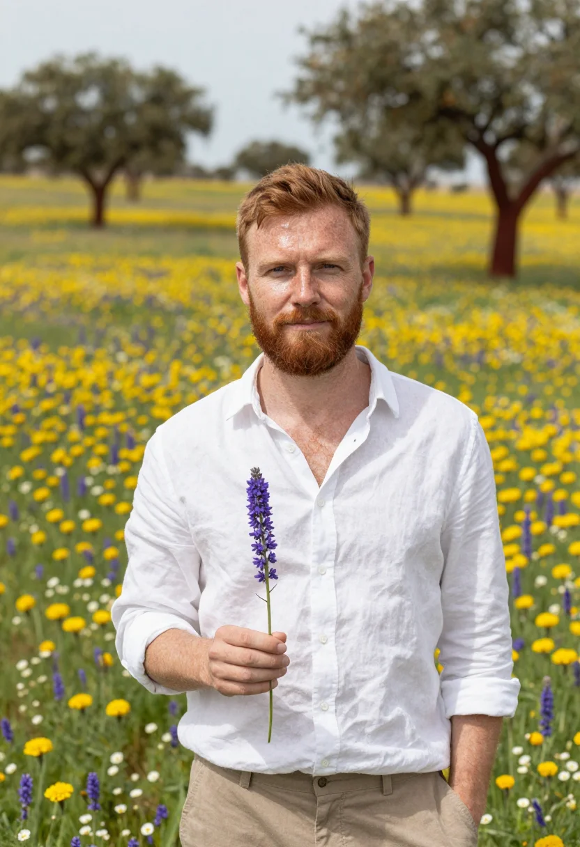 AI alentejo wildflowers april cork palette sample — portrait of a man, in his mid-forties, with fair freckled sk